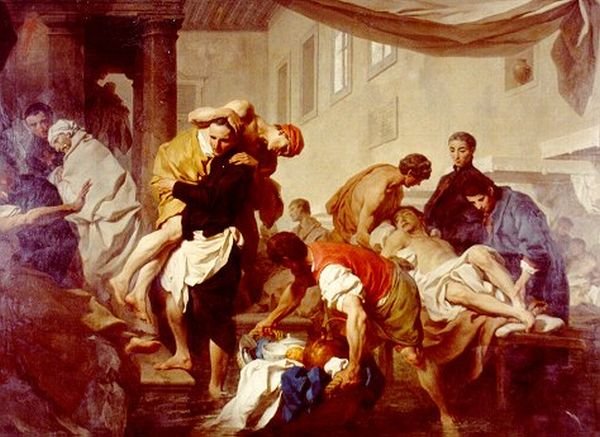 Saint Camillus de Lellis tending to sick patients during the 1598 Tiber flooding at Ospedale di Santo Spirito in Sassia
