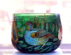 Ancient Roman glass cup with partridge and plant enamel painting