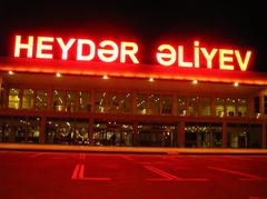 Heydar Aliyev International Airport domestic terminal illuminated at night