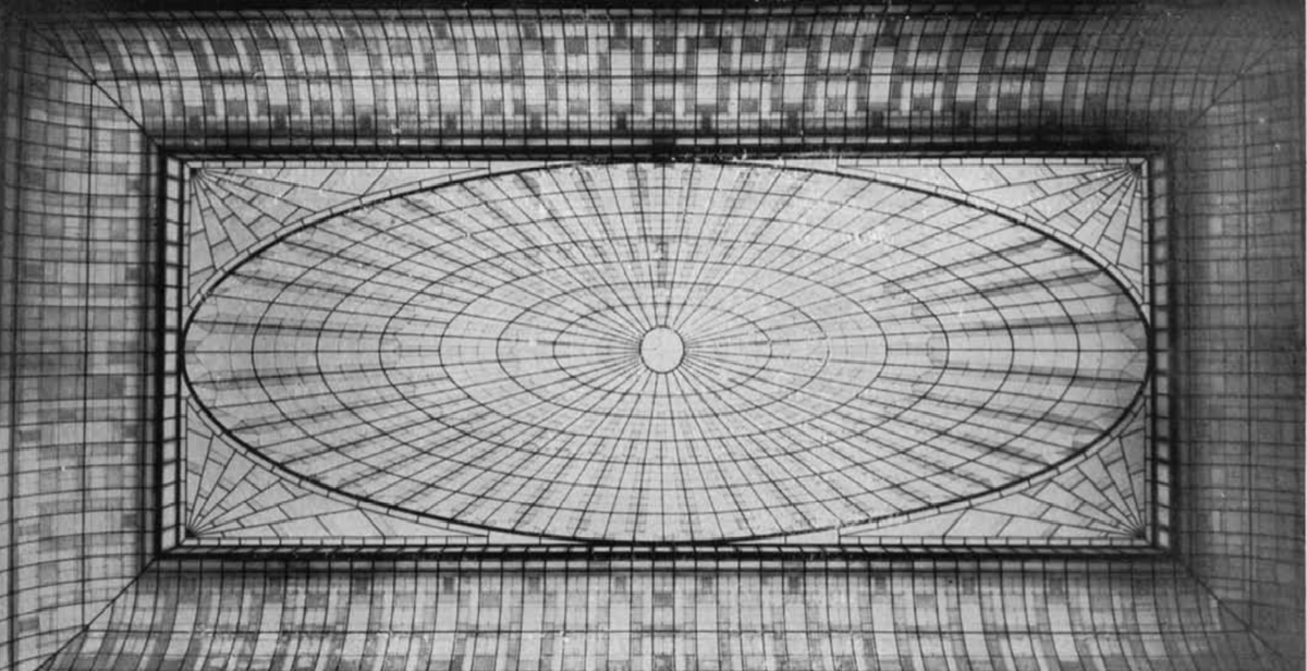 Artistic stained glass ceiling of the Hall Cereal Market at Palazzo Mezzanotte, Italian Stock Exchange