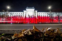 Polish Prime Minister's Office building decorated in national colors for Independence Day