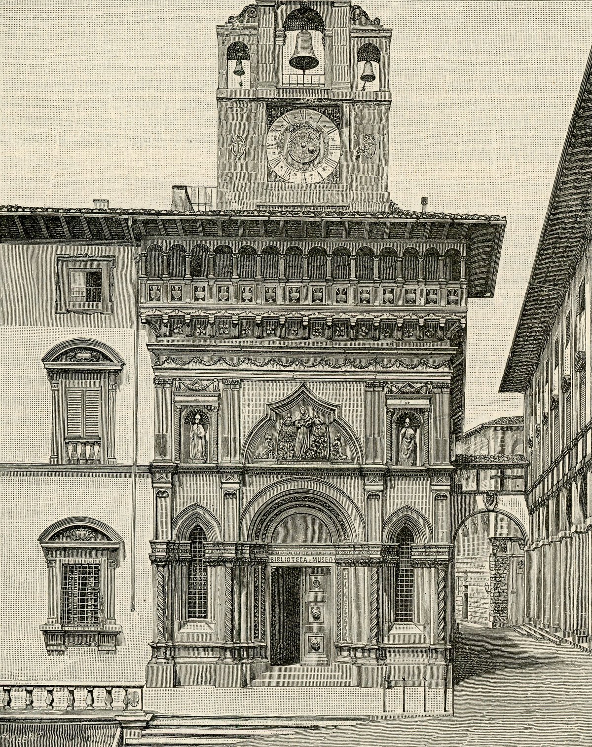 Arezzo Palazzo della Fraternita historic building woodcut by Giuseppe Barberis