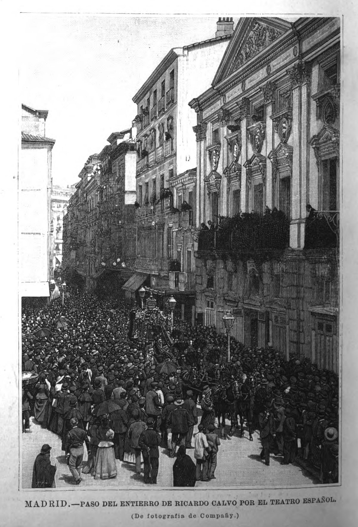 Funeral procession of Ricardo Calvo passing by the Teatro Español in Madrid, 1895