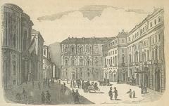 Engraving of Turin's Piazza Carignano showing Palazzo Carignano and surrounding landmarks