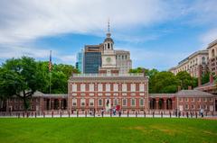 North side view of Independence Hall with main building and east and west wings