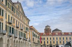 Piazza Galimberti in Cuneo Italy with historic buildings and outdoor cafes