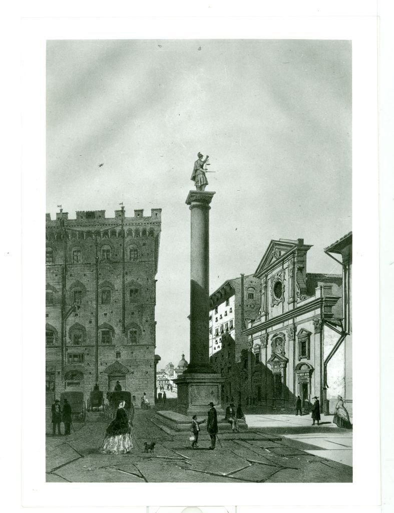 View of Piazza San Trinita in Florence with historical buildings and people in 19th century