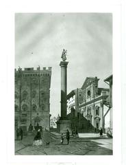 View of Piazza San Trinita in Florence with historical buildings and people in 19th century