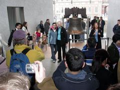 Visitors posing in front of the Liberty Bell at Independence National Historical Park in Philadelphia
