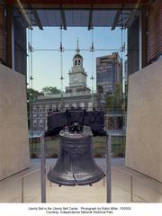 Liberty Bell with crack and Independence Hall in Philadelphia