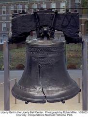 Close-up of the old cracked Liberty Bell at Independence National Historical Park in Philadelphia