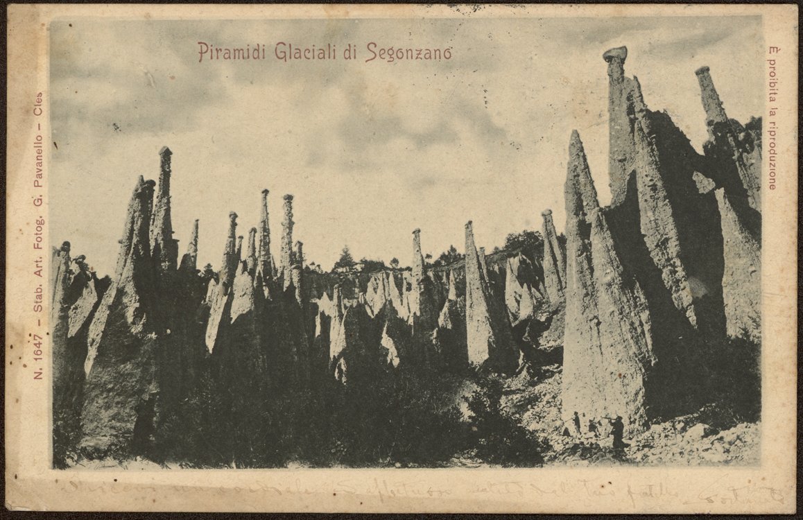 Historical photograph of earth pyramids in Segonzano, Trentino, Italy from 1900-1910
