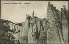 Vintage black and white photograph of Earth pyramids in Segonzano, Trentino, Italy around 1925