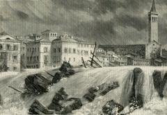 Woodcut of New Bridge in Verona collapsing