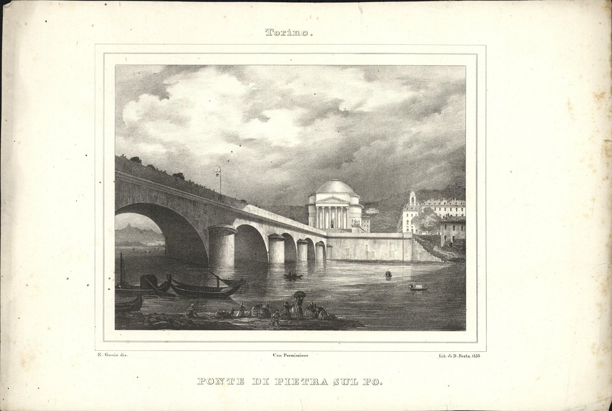 Historical print of Ponte di Pietra bridge over Po River in Turin cityscape, 1833