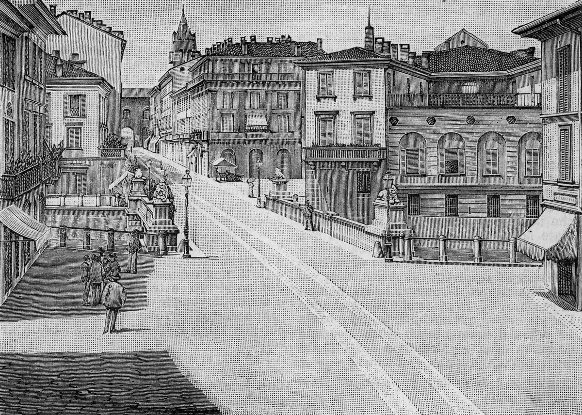 Woodcut artwork of Monza bridge over Lambro river