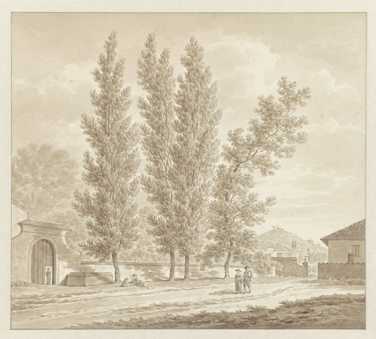 Drawing of outskirts of Bologna with Porta Castiglione and distant Madonna del Monte church