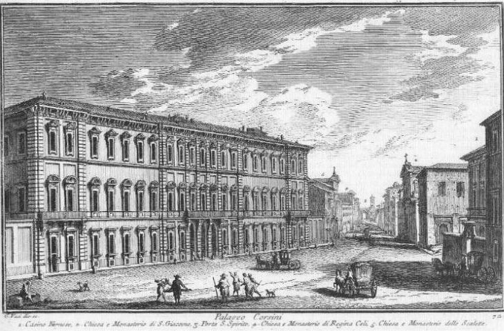 Historic illustration featuring Casino Farnese, S. Giacomo, Porta S. Spirito, Monastero di Regina Coeli, and Monastero delle Scalette in Palazzo Corsini
