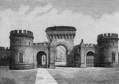 Historic Porta Saragozza gate in Bologna woodcut print