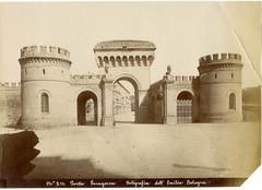 Historic Porta Saragozza gate in Bologna with classic architecture and cobblestone street