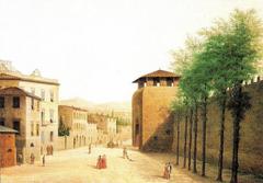 View of Porta al Prato exterior in ancient Florence with historic buildings and street scene