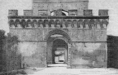 Historical woodcut of Porta Pispini gate in Siena