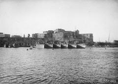 RAN River class destroyer flotilla anchored in Brindisi harbor 1917 below Defisa Castle