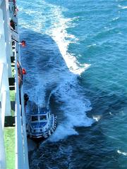 Pilot leaving the ferry-boat Ionian Sky after guiding it out of Brindisi harbour in Italy