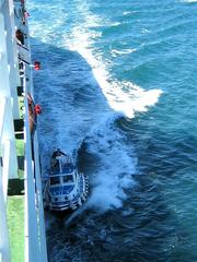 Harbor pilot leaving the ferry Ionian Sky after guiding it out of the harbor of Brindisi, Italy