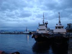 Twilight at Messina harbor with boats and calm sea on December 28, 2008