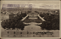 Postcard of King Tomislav Square in Zagreb with historic buildings and streetcar in 1929