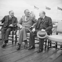 Canadian Prime Minister Mackenzie King, US President Franklin D Roosevelt, and British Prime Minister Winston Churchill in conversation at 1943 Quebec Conference