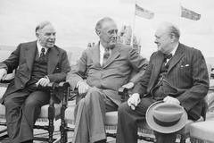 Canadian Prime Minister Mackenzie King with US President Franklin D Roosevelt and UK Prime Minister Winston Churchill at the Quebec Conference 1943