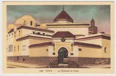 Vintage postcard of La Mosquée de Paris in Paris, showing the mosque's exterior architecture