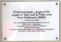 Informational mosaic panel in Bamberg, Am Leinritt showing historical or cultural details