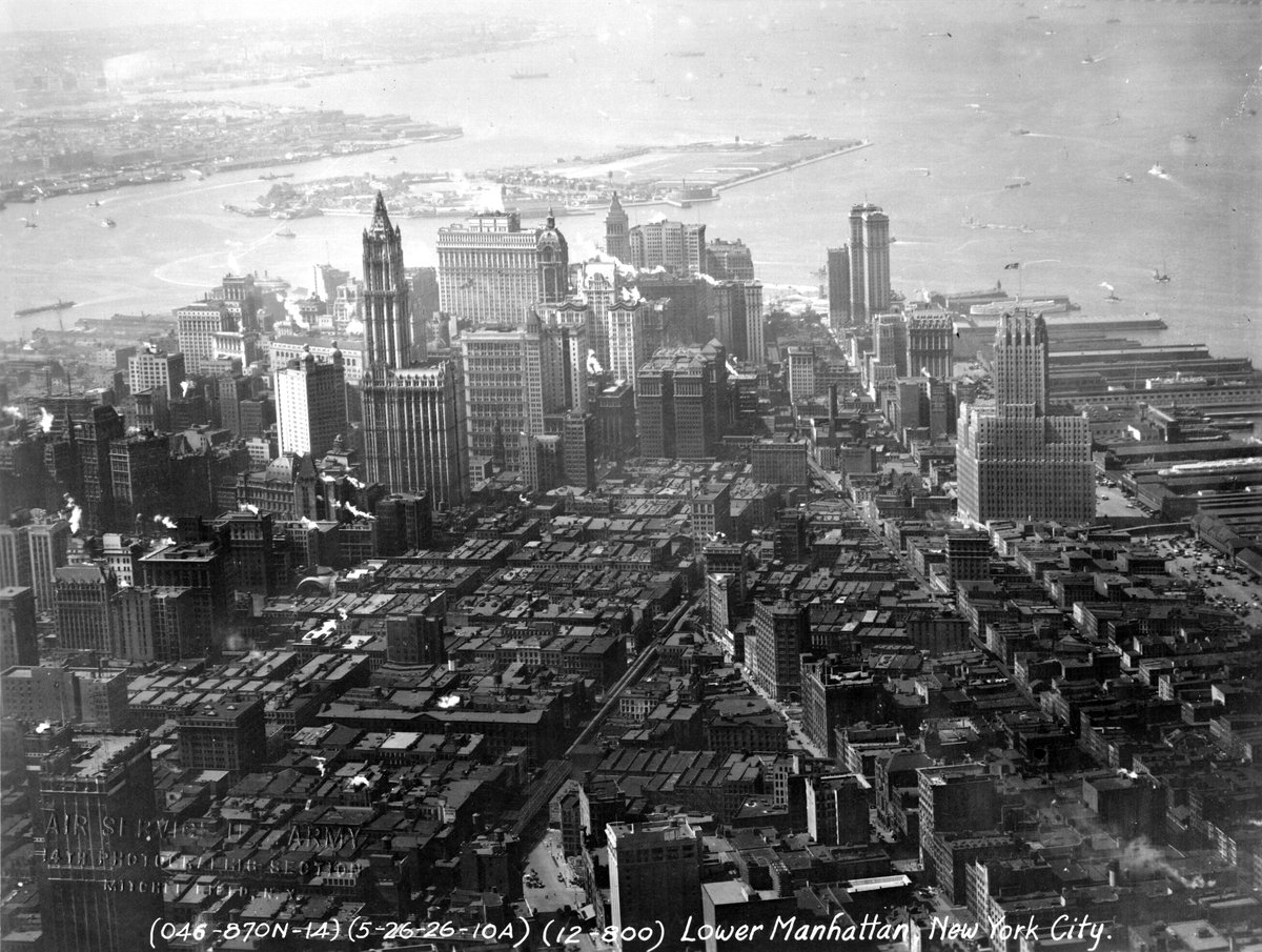 Aerial view of Lower Manhattan skyline in New York City with skyscrapers and waterfront