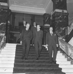 Claus von Amsberg visiting Royal Tropical Institute in Amsterdam with Ir. L. Schepers and Dr. C. Nagtegaal on January 11, 1966
