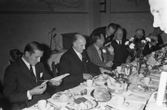 Lunch gathering with Prince Claus, Minister Theo Bot, Prince Bernhard, ir. L. Schepers and Dr. C. Nagtegaal at the Royal Tropical Institute Amsterdam October 1966 black and white