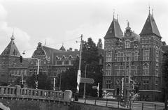 Exterior view of Koninklijk Instituut voor de Tropen building in Amsterdam in black and white