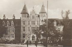 Historic postcard scan of Koloniaal Instituut main entrance in Amsterdam before 1920s