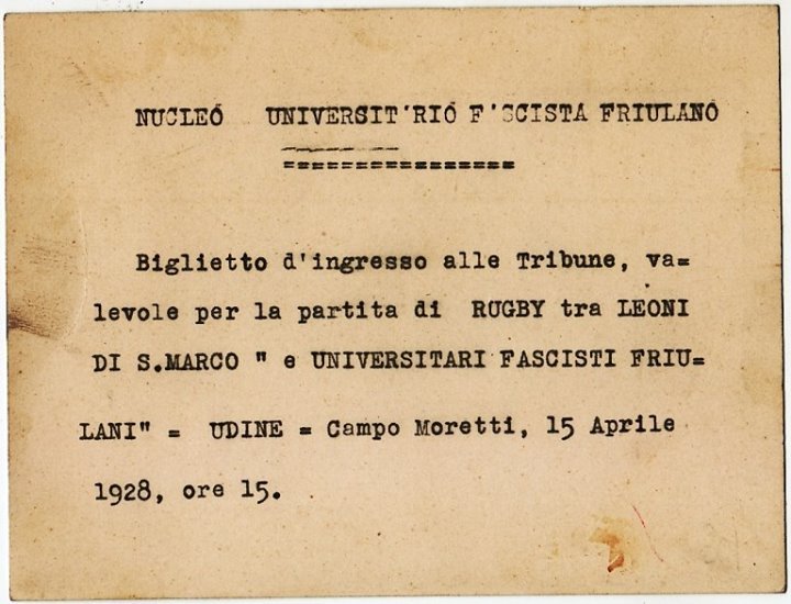 Vintage ticket for the Leoni di San Marco vs Universitari Fascisti Friulano football match at Stadio Moretti in Udine on April 15, 1928