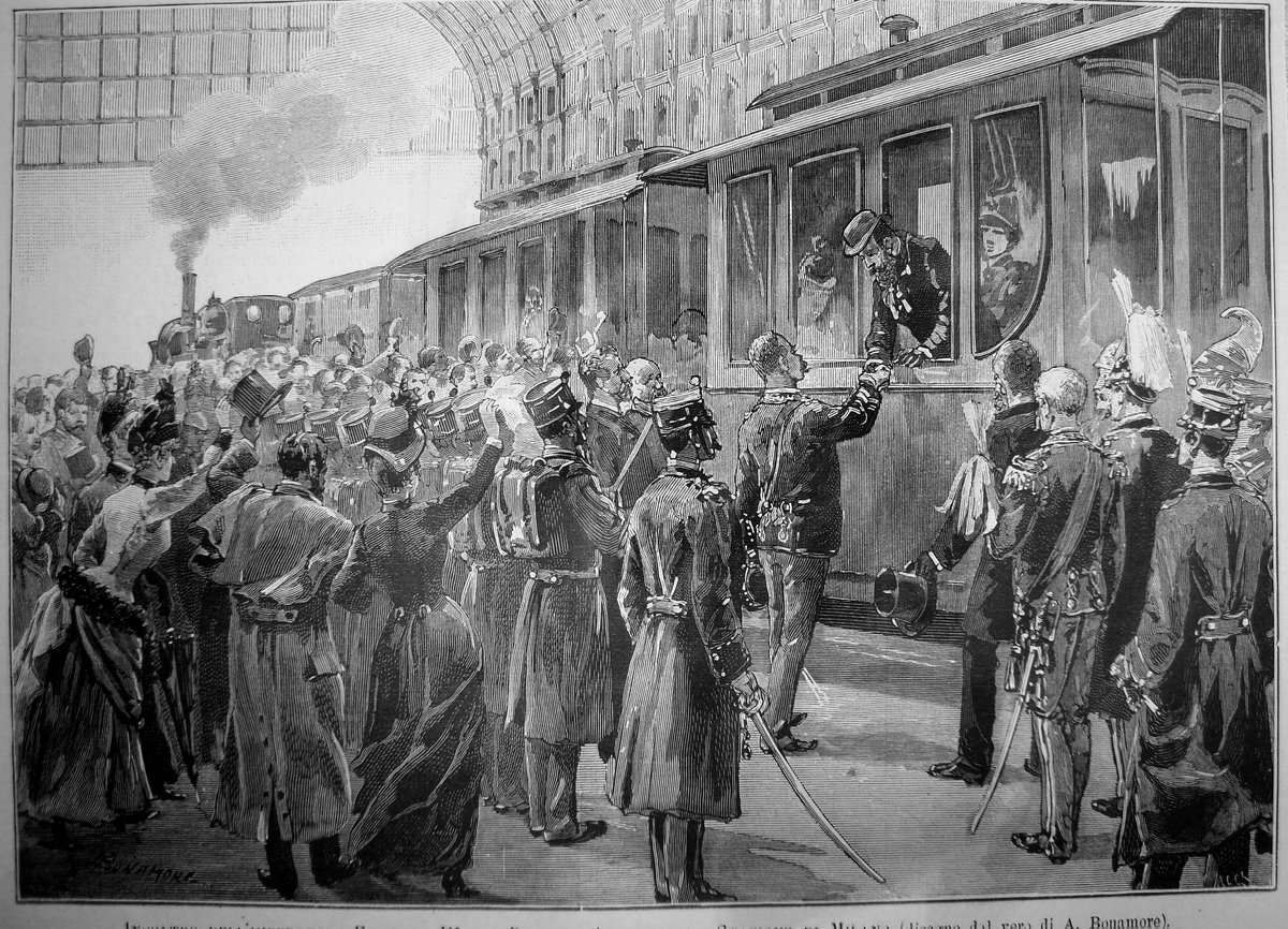 Engraving of meeting between Emperor Friedrich III of Germany and Prince Amadeus I of Spain at Milan Station in 1888