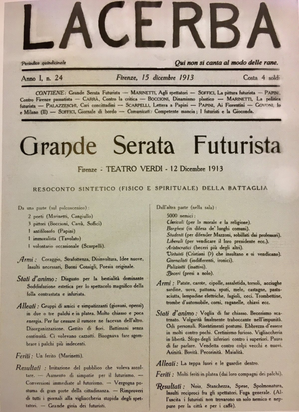 Cover of LACERBA Italian literary magazine adhering to Futurism