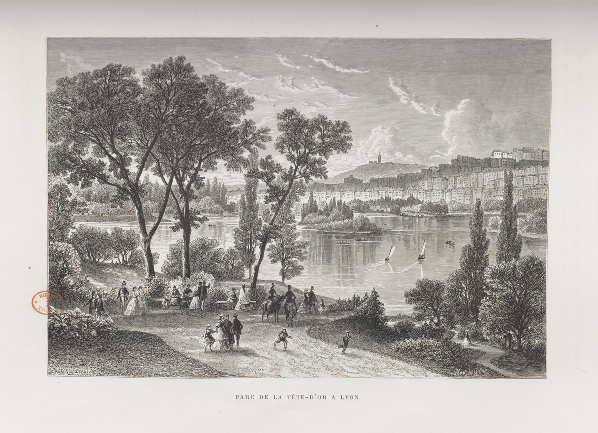 Engraving illustration of Parc de la Tête d'Or in Lyon with trees and a pathway