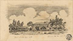 Etching artwork of Ferme de la Tête d'Or in Parc de la Tête d'Or, depicting a rustic farm scene with detailed architectural features