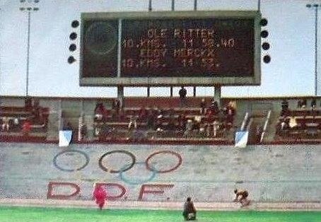 Eddy Merckx cycling at the 10th kilometer during his hour record attempt in Mexico City in 1972