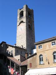 The Campanone bell tower in Bergamo, Italy at dusk
