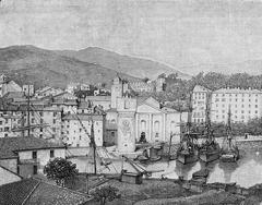Vintage woodcut print of Darsena Vecchia and Santa Lucia harbor