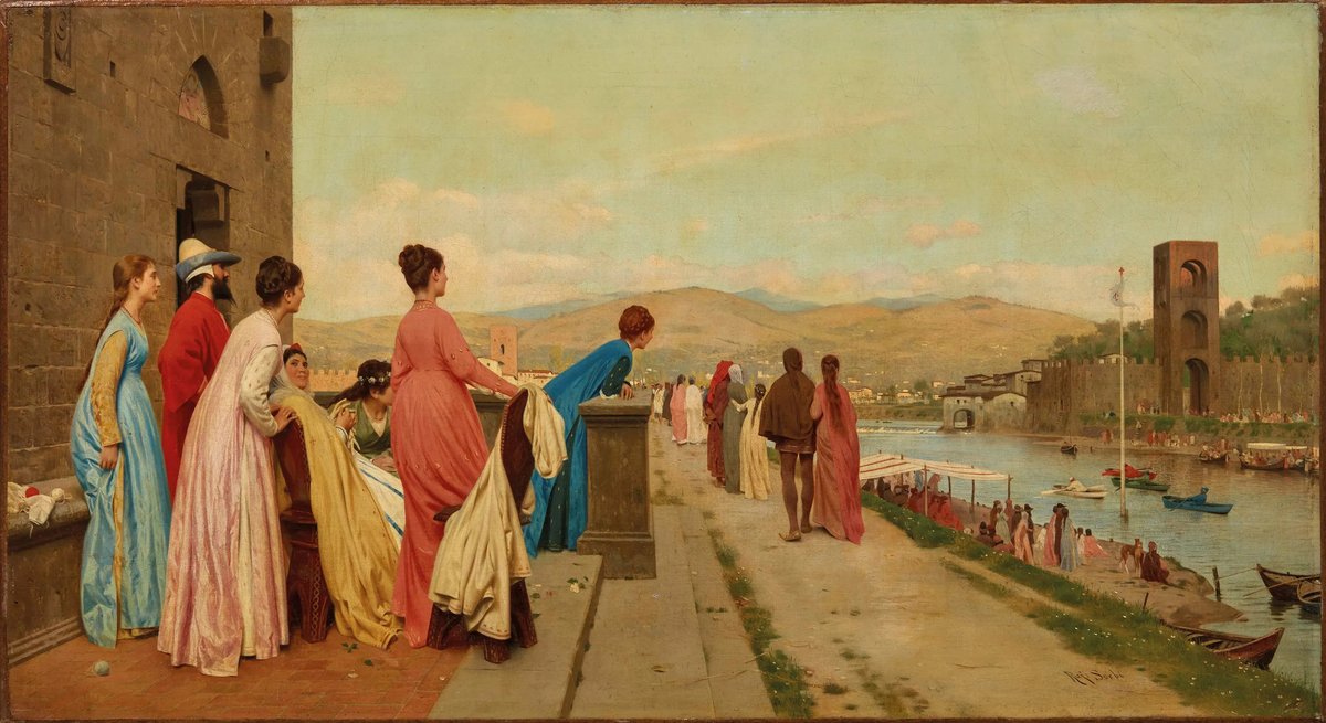 Regatta on the Arno River with people in boats and historic buildings in the background