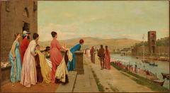 Regatta on the Arno River with people in boats and historic buildings in the background